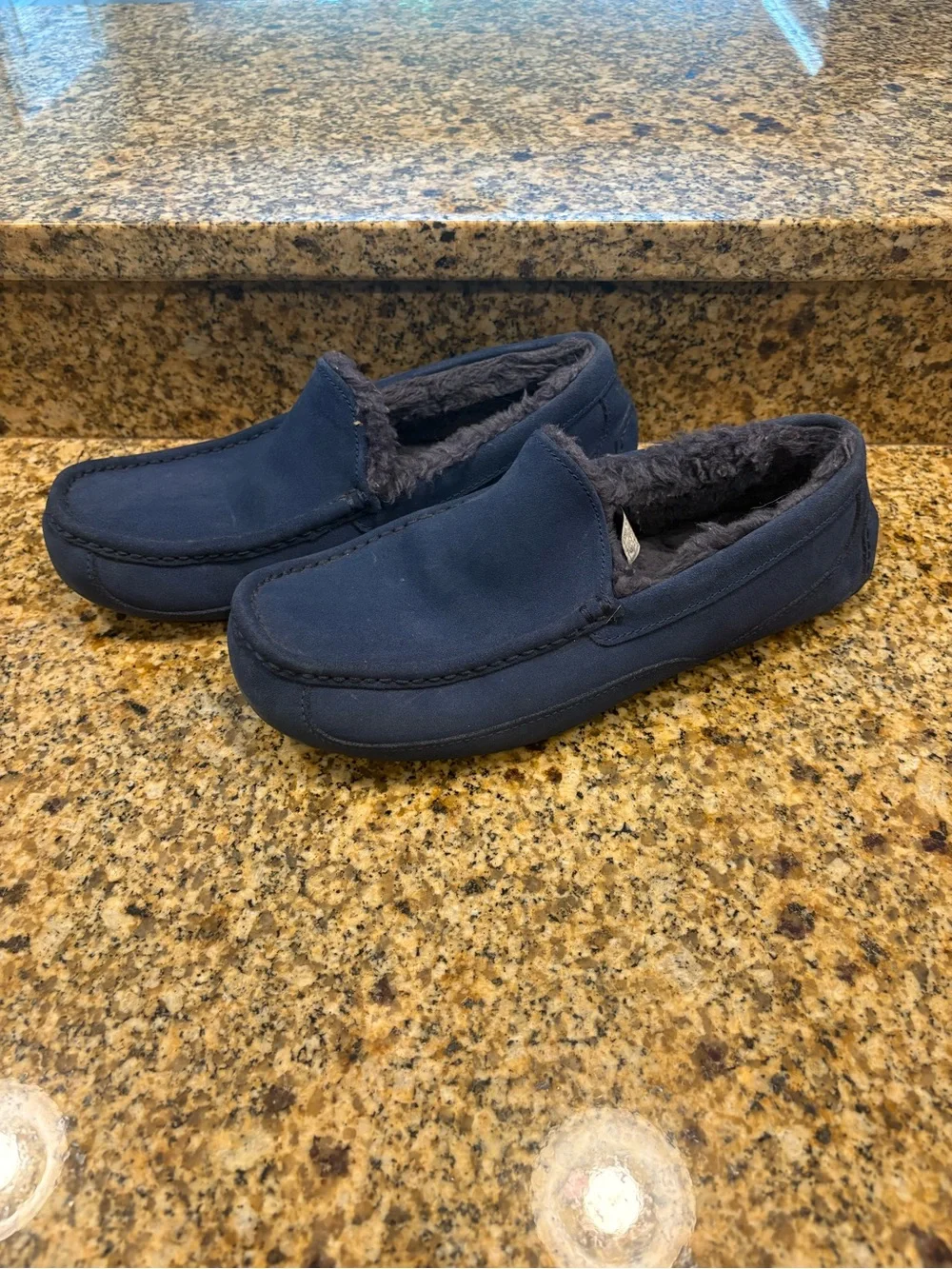 UGG Ascot Shearling Lined Slippers Mens Size 11 Blue Suede Slip On Moccasins